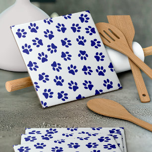 Pattern Of Paws, Dog Paws, Navy Blue Paws Ceramic Tile