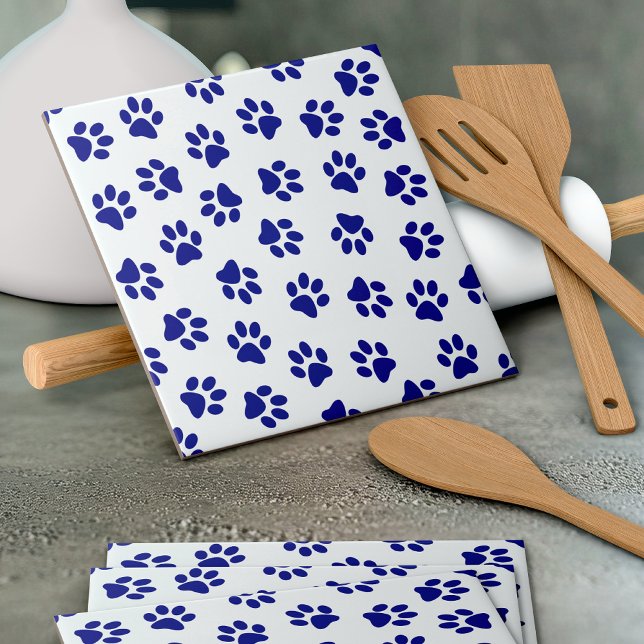 Pattern Of Paws, Dog Paws, Navy Blue Paws Ceramic Tile (Creator Uploaded)