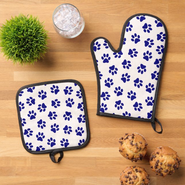 Pattern Of Paws, Dog Paws, Navy Blue Paws Oven Mitt & Pot Holder Set (Top Down)