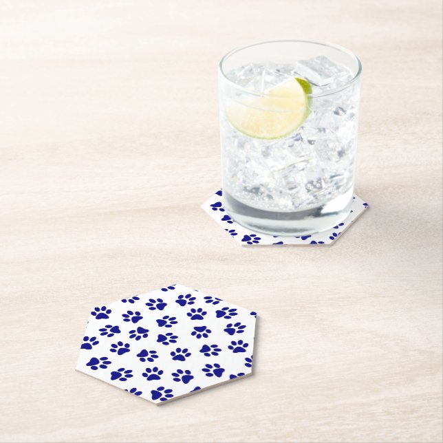 Pattern Of Paws, Dog Paws, Navy Blue Paws Paper Coaster (Insitu)