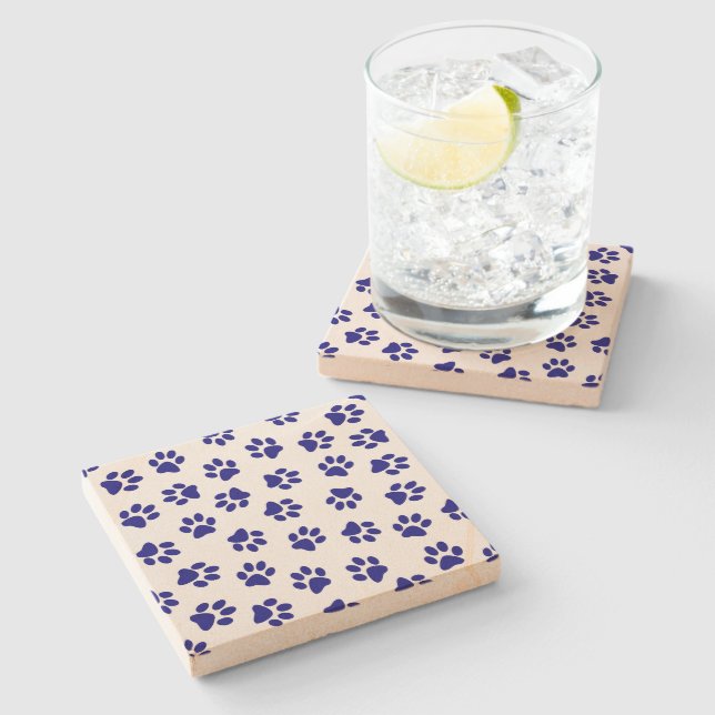 Pattern Of Paws, Dog Paws, Navy Blue Paws Stone Coaster (Side)