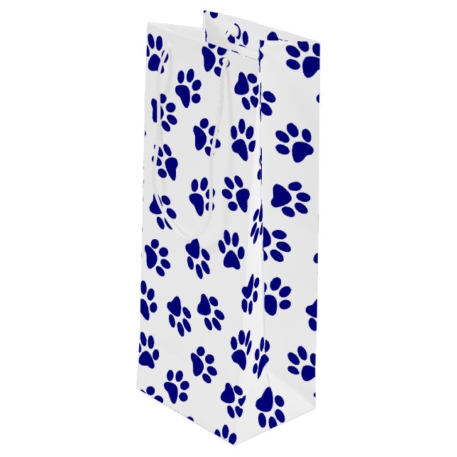 Pattern Of Paws, Dog Paws, Navy Blue Paws Wine Gift Bag (Back Angled)
