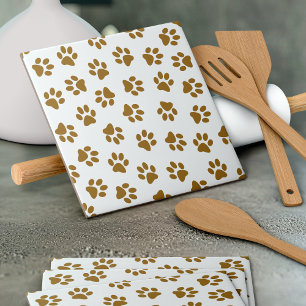 Pattern Of Paws, Dog Paws, Orange Gold Paws Ceramic Tile
