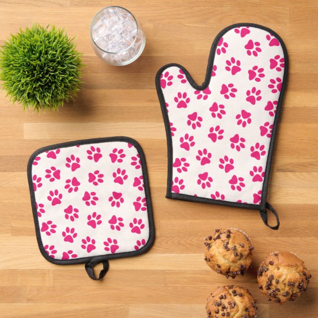 Pattern Of Paws, Dog Paws, Pink Paws Oven Mitt & Pot Holder Set (Top Down)