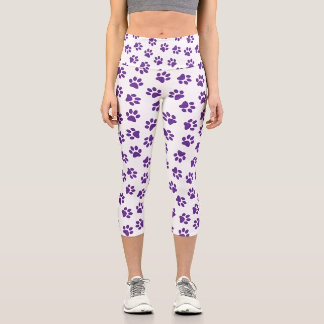 Pattern Of Paws, Dog Paws, Purple Paws Capri Leggings (Front)