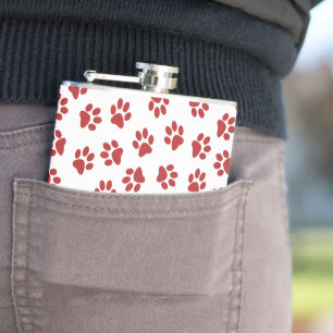 Pattern Of Paws, Dog Paws, Red Paws Hip Flask