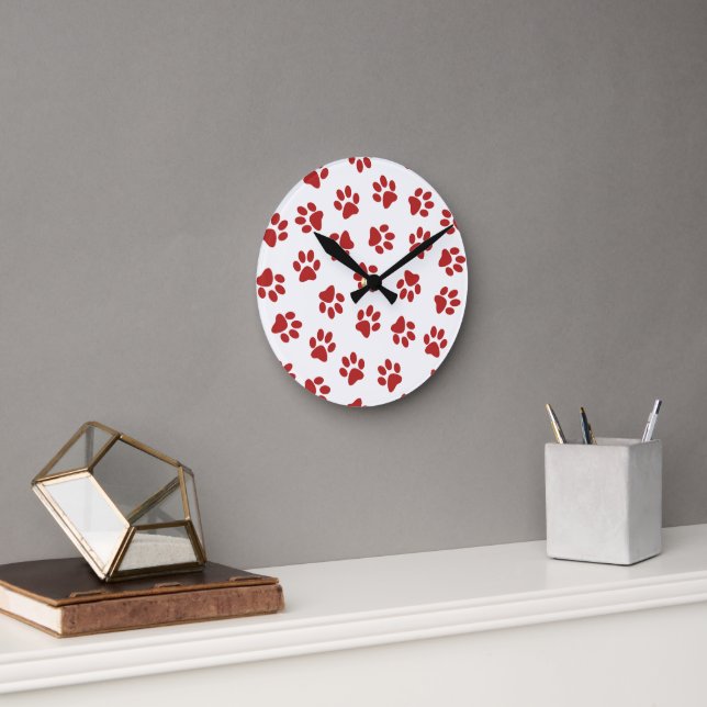Pattern Of Paws, Dog Paws, Red Paws Round Clock (Office)