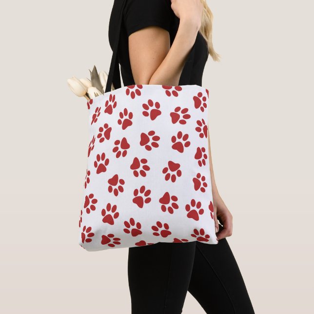 Pattern Of Paws, Dog Paws, Red Paws Tote Bag (Close Up)
