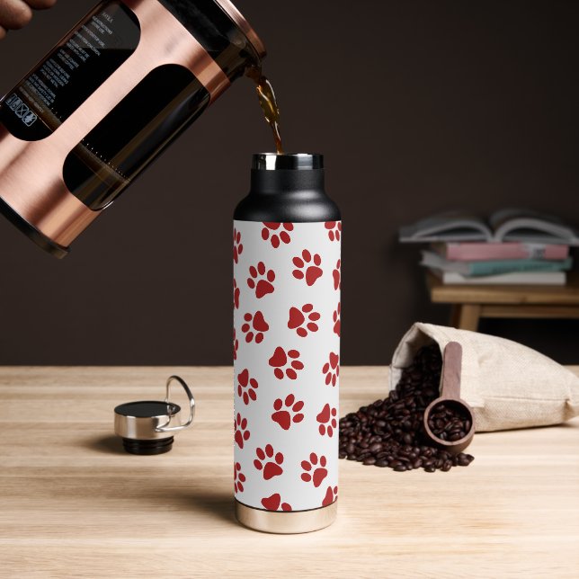 Pattern Of Paws, Dog Paws, Red Paws Water Bottle (Coffee)