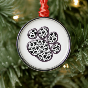 Pattern Of Paws, Dog Paws, Traces - White Black Metal Ornament
