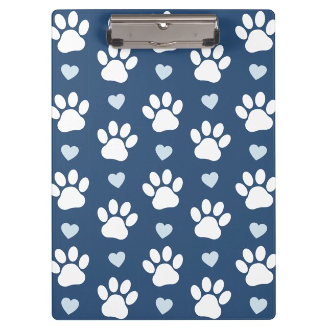 Pattern Of Paws, Dog Paws, White Paws, Blue Hearts Clipboard (Front)