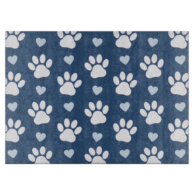 Pattern Of Paws, Dog Paws, White Paws, Blue Hearts Cutting Board (Front)