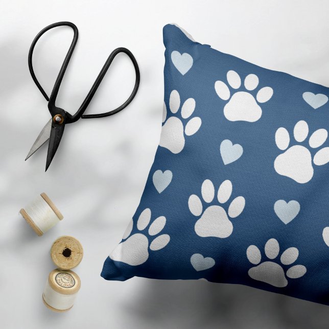 Pattern Of Paws, Dog Paws, White Paws, Blue Hearts Decorative Cushion (Creator Uploaded)