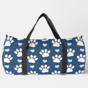 Pattern Of Paws, Dog Paws, White Paws, Blue Hearts Duffle Bag
