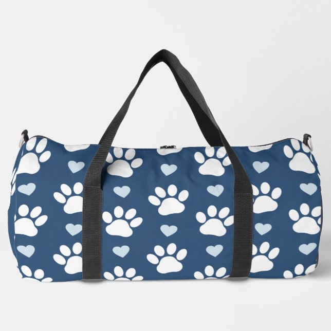 Pattern Of Paws, Dog Paws, White Paws, Blue Hearts Duffle Bag (Front)