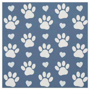 Pattern Of Paws, Dog Paws, White Paws, Blue Hearts Fabric