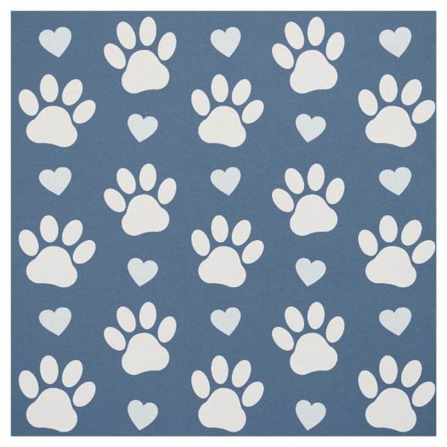 Pattern Of Paws, Dog Paws, White Paws, Blue Hearts Fabric (Swatch)