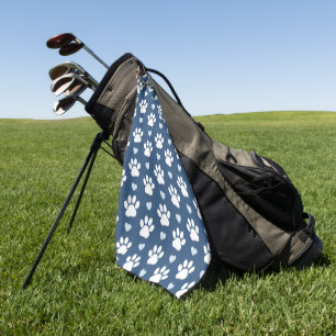 Pattern Of Paws, Dog Paws, White Paws, Blue Hearts Golf Towel