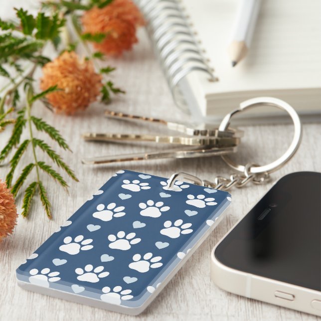Pattern Of Paws, Dog Paws, White Paws, Blue Hearts Key Ring (Front Right)