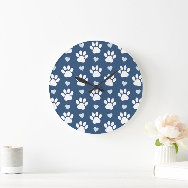 Pattern Of Paws, Dog Paws, White Paws, Blue Hearts Large Clock (Home)
