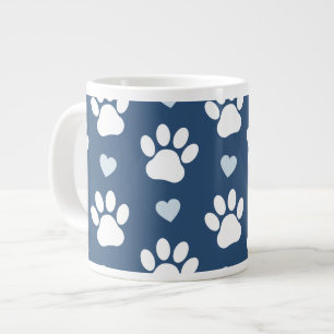 Pattern Of Paws, Dog Paws, White Paws, Blue Hearts Large Coffee Mug