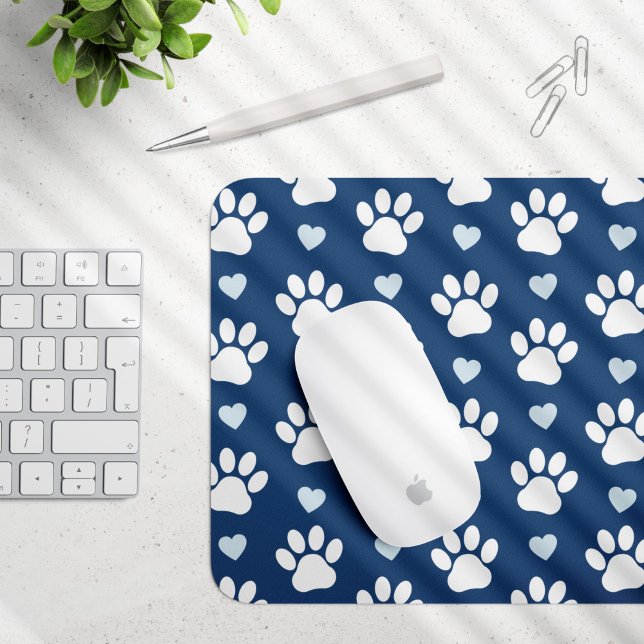 Pattern Of Paws, Dog Paws, White Paws, Blue Hearts Mouse Pad (Creator Uploaded)