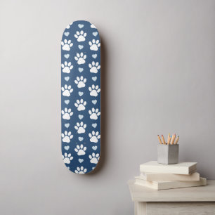 Pattern Of Paws, Dog Paws, White Paws, Blue Hearts Skateboard