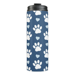 Pattern Of Paws, Dog Paws, White Paws, Blue Hearts Thermal Tumbler