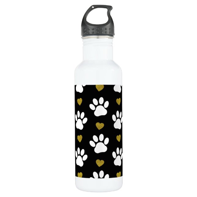 Pattern Of Paws, Dog Paws, White Paws, Gold Hearts 710 Ml Water Bottle (Front)