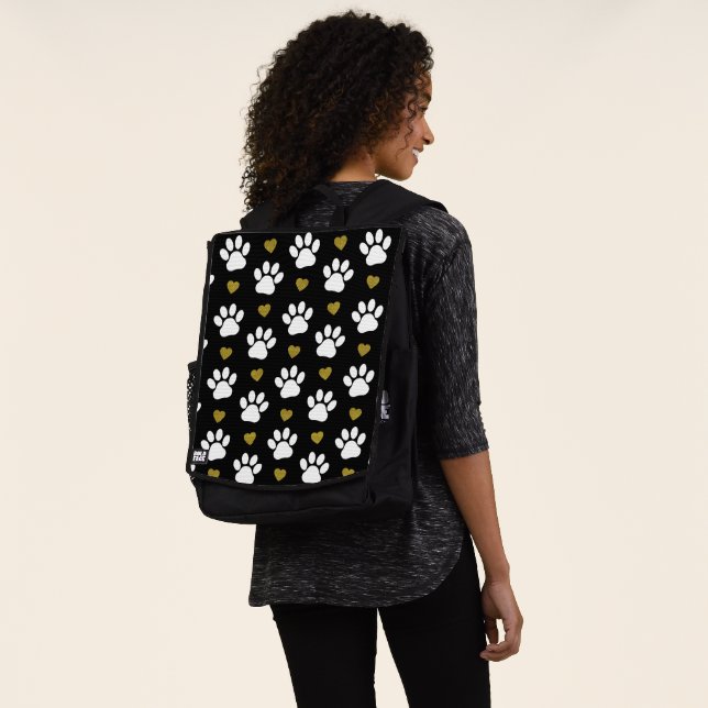 Pattern Of Paws, Dog Paws, White Paws, Gold Hearts Backpack (Worn)