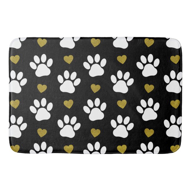 Pattern Of Paws, Dog Paws, White Paws, Gold Hearts Bath Mat (Front)