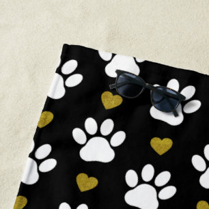Pattern Of Paws, Dog Paws, White Paws, Gold Hearts Beach Towel