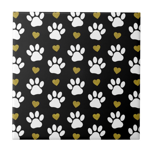 Pattern Of Paws, Dog Paws, White Paws, Gold Hearts Ceramic Tile (Front)