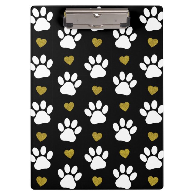 Pattern Of Paws, Dog Paws, White Paws, Gold Hearts Clipboard (Front)