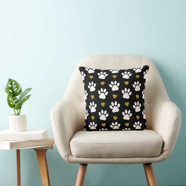 Pattern Of Paws, Dog Paws, White Paws, Gold Hearts Cushion (Chair)