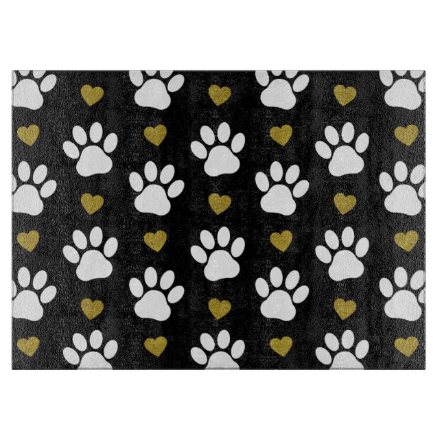 Pattern Of Paws, Dog Paws, White Paws, Gold Hearts Cutting Board (Front)