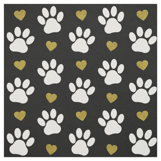 Pattern Of Paws, Dog Paws, White Paws, Gold Hearts Fabric (Swatch)