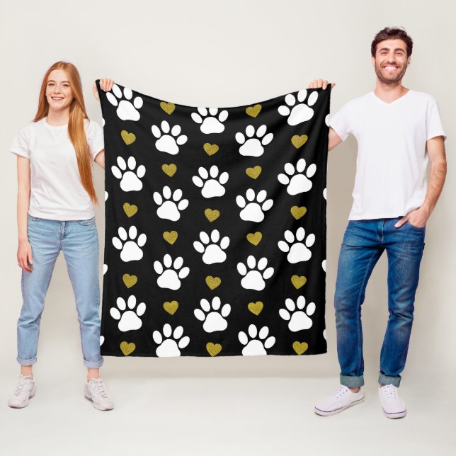 Pattern Of Paws, Dog Paws, White Paws, Gold Hearts Fleece Blanket (In Situ)