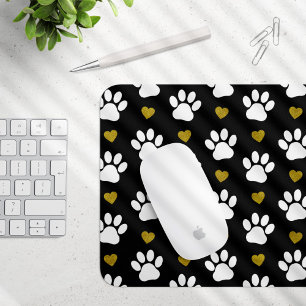Pattern Of Paws, Dog Paws, White Paws, Gold Hearts Mouse Pad