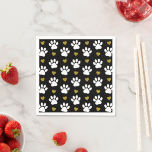 Pattern Of Paws, Dog Paws, White Paws, Gold Hearts Napkin