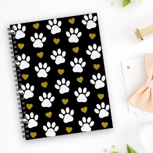 Pattern Of Paws, Dog Paws, White Paws, Gold Hearts Notebook