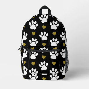Pattern Of Paws, Dog Paws, White Paws, Gold Hearts Printed Backpack