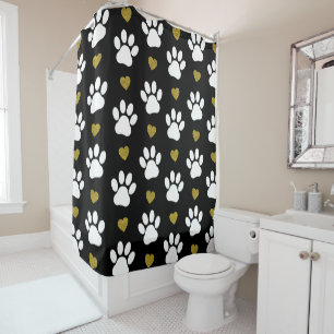 Pattern Of Paws, Dog Paws, White Paws, Gold Hearts Shower Curtain
