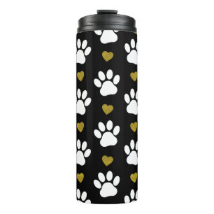Pattern Of Paws, Dog Paws, White Paws, Gold Hearts Thermal Tumbler