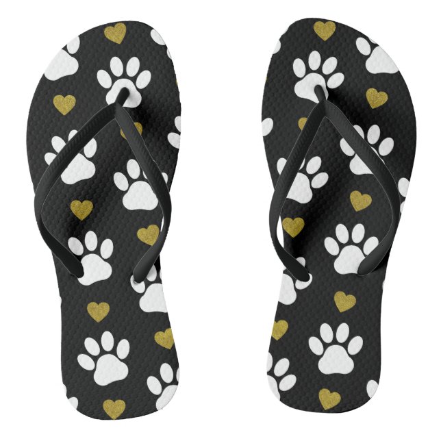 Pattern Of Paws, Dog Paws, White Paws, Gold Hearts Thongs (Footbed)