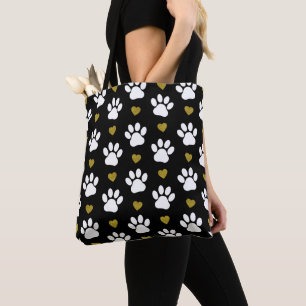 Pattern Of Paws, Dog Paws, White Paws, Gold Hearts Tote Bag