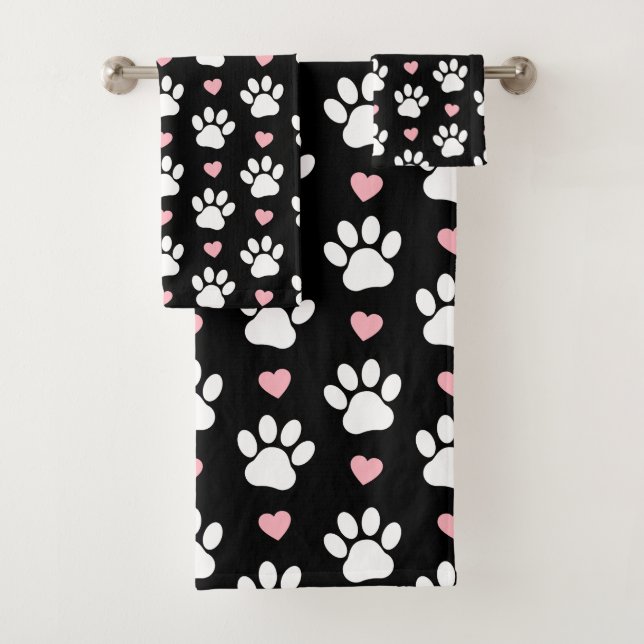 Pattern Of Paws, Dog Paws, White Paws, Pink Hearts Bath Towel Set (Insitu)