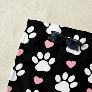 Pattern Of Paws, Dog Paws, White Paws, Pink Hearts Beach Towel