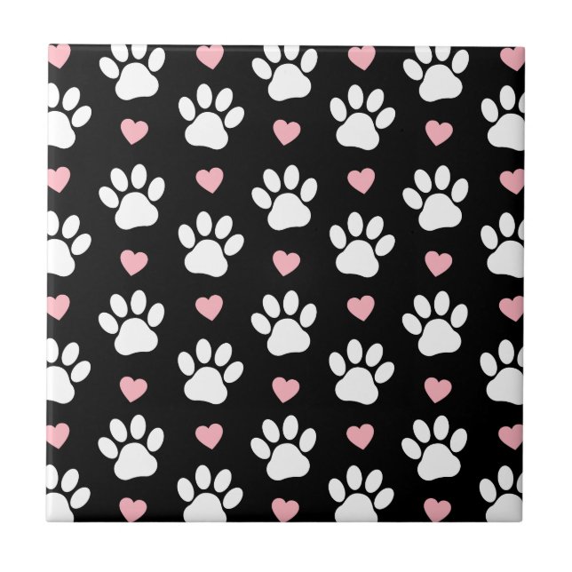 Pattern Of Paws, Dog Paws, White Paws, Pink Hearts Ceramic Tile (Front)