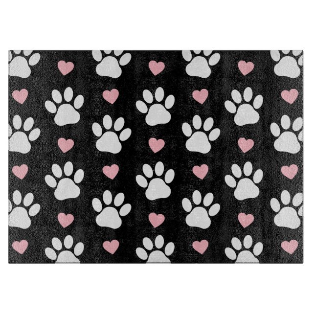 Pattern Of Paws, Dog Paws, White Paws, Pink Hearts Cutting Board (Front)